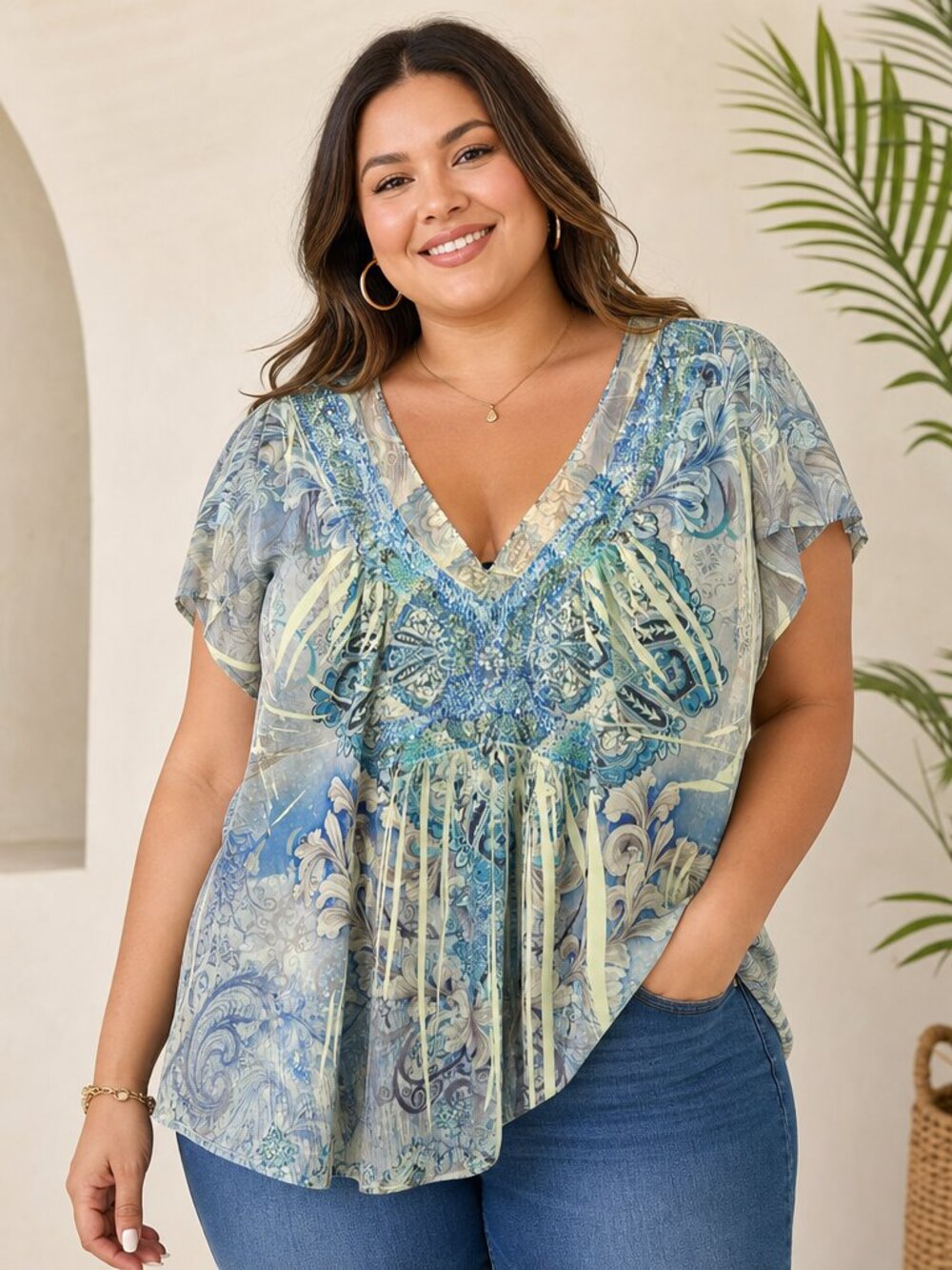Unity World Wear Light Blue Paisley Sequined V‑Neck Tunic – Size XL